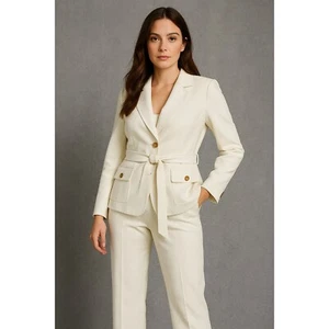 Le Suit Womens 18 Ivory Two-Piece Blazer Pants Set Waist Tie Preppy Business NEW - Picture 1 of 22
