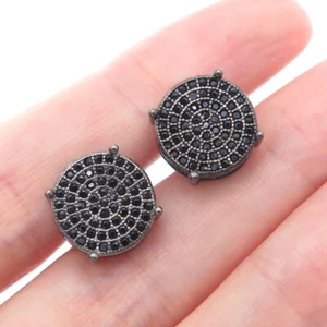 925 Sterling Silver Black Rhodium Real Round-Cut Black Spinel C Z Stud Earrings - Picture 1 of 8