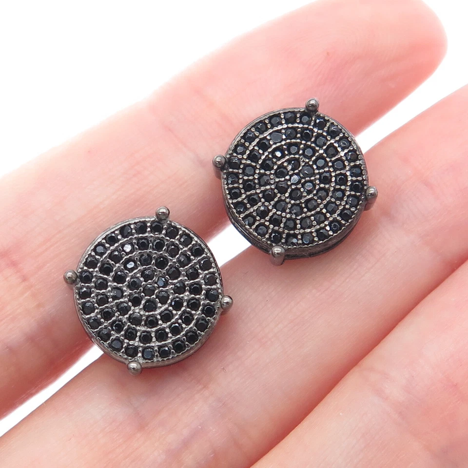 925 Sterling Silver Black Rhodium Real Round-Cut Black Spinel C Z Stud Earrings - Image 1 of 4