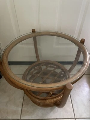 Vintage Round Wicker Table Base with Glass - 20” Diameter, 18” Height - Image 1 of 4