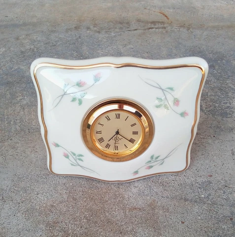 Vintage LENOX Petite Porcelain Table Clock -Rose Manor Pattern New Battery - NOS Cover