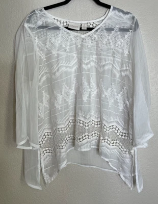 Chicos 2 Petite US Large White Embroidered Sheer Top Blouse Beach Fairy Hippie - Image 1 of 4