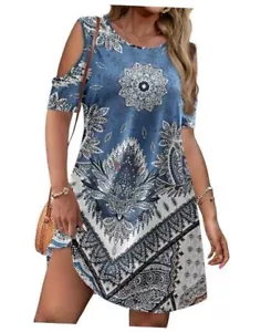Women's Plus Size Summer Dress Short Sleeve Cold 20 Plus Blue Wihte Flower - Picture 1 of 5