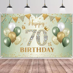 Happy 70Th Birthday Banner Sage Green Gold, 70Th Birthday Backdrop for Men Women - Picture 1 of 12