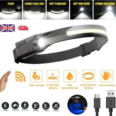 URBANWAZE COB LED Stirnlampe Headlight Taschenlampe Arbeitslichtleiste Kopfbandsensor USB