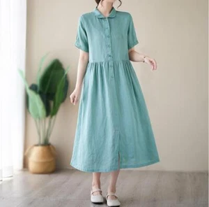 Women Summer Retro Lapel Short Sleeve A-line Pure Color Cotton Linen Shirt Dress - Picture 1 of 17