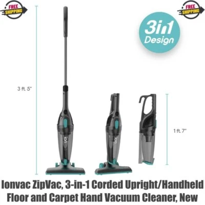 Ionvac ZipVac, 3-in-1 Corded Upright/Handheld Floor & Carpet Hand Vacuum Cleaner