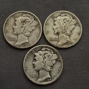 1943-S-D-P Mercury Head Dimes lot of 3 90% Silver All Circulated - Picture 1 of 8