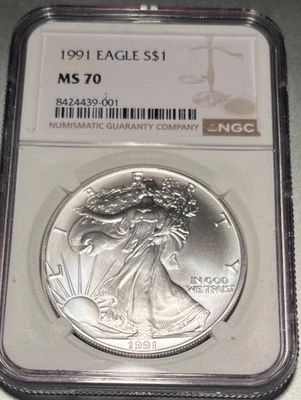 1991 $1 American Silver Eagle  NGC MS70   Freshly Graded - Image 1 of 3