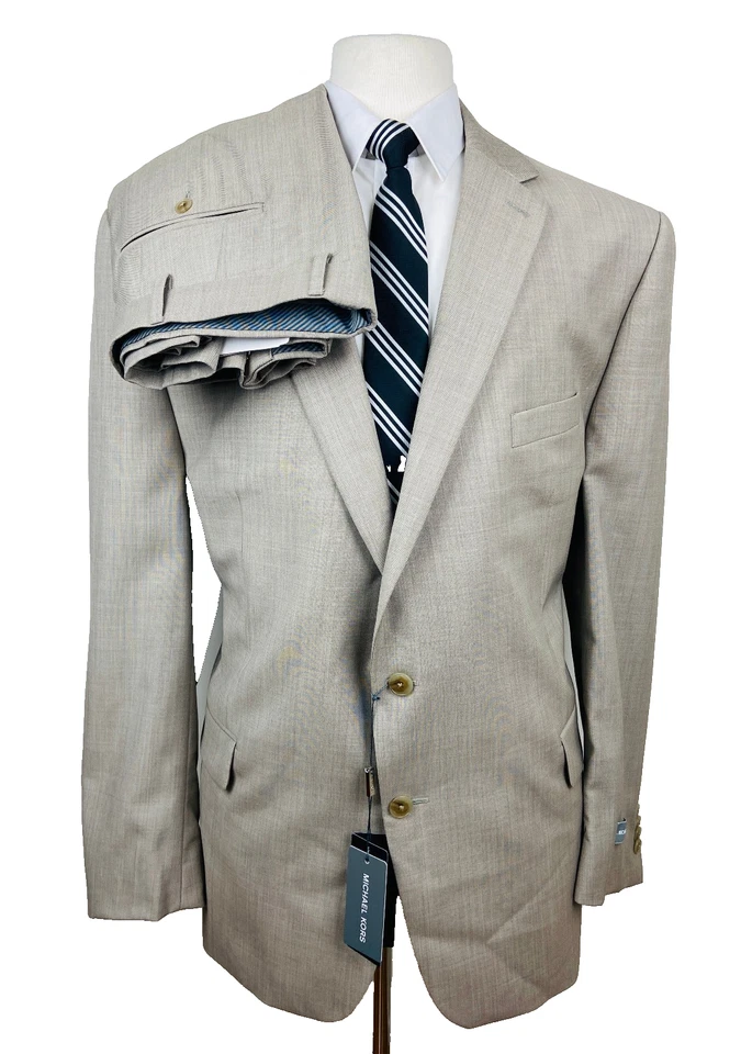 BRAND NEW MICHAEL KORS Mens 50R Beige Wool 2 Piece Suit With Dress Pants 38x30 - Image 1 of 4