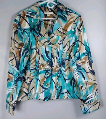 Chaqueta Blazer Coldwater Creek Marrón Teal Negro Abstracto Bolsillos a Presión Wms Talla 16 Foto 1 de 4