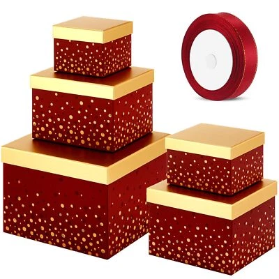 Set of 5 Nesting Gift Boxes with Lid and Ribbon Fathers Day Red and Gold Squa... - Image 1 of 4