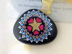 Hand Painted Alchemy Stone w. GOLD STAR and HEARTS, Blue/White/Purple Mandala - Picture 1 of 4