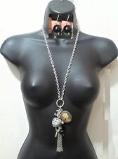Heart Key Cameo Fleur de Lis Silver Horn Pendant Long Chain Necklace Multi Charm