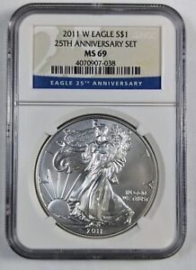 2011-W American Silver Eagle 25th Anniversary NGC MS69 Near Perfect Luster Coin