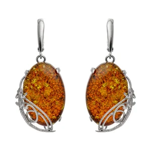 Charming Genuine Baltic Amber Earrings 925 Sterling Silver Cognac Color - Picture 1 of 2