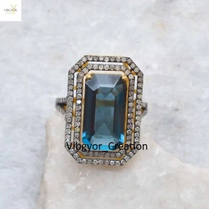 Blue Topaz Ring Pave Diamond Jewelry Gold Vermeil 925 Solid Silver Birthday Gift - Picture 1 of 6