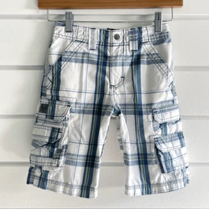 Lee Dungarees Boy's White Blue Plaid Adjustable Waist Loose Cargo Shorts Size 8 - Picture 1 of 7