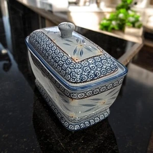 Porcelain Bread Box And Lid Temp-tations Ovenware By Tara Old World Blue - Picture 1 of 12