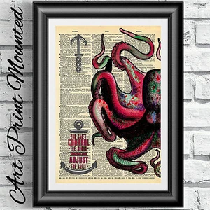 ART PRINT VINTAGE DICTIONARY BOOK PAGE Mounted Red Octopus Nautical WALL HANGING - Bild 1 von 3