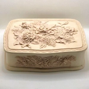 Incolay Stein Schmuckschatulle Rose Blumen Kamee Relief Elfenbein Farbe Vintage 8" x 11" - Bild 1 von 8