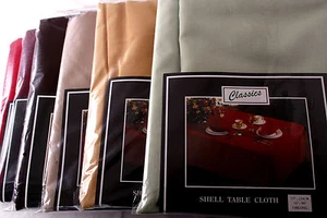 70 X 90 INCH OVAL SHELL TABLECLOTH. MACHINE WASHABLE STAIN RESISTANT NON-IRON, - Picture 1 of 38