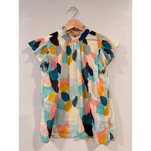 THML Small Womens Multicolor Abstract Print Ruffle Cap Sleeve Mock Neck Blouse - Picture 1 of 4