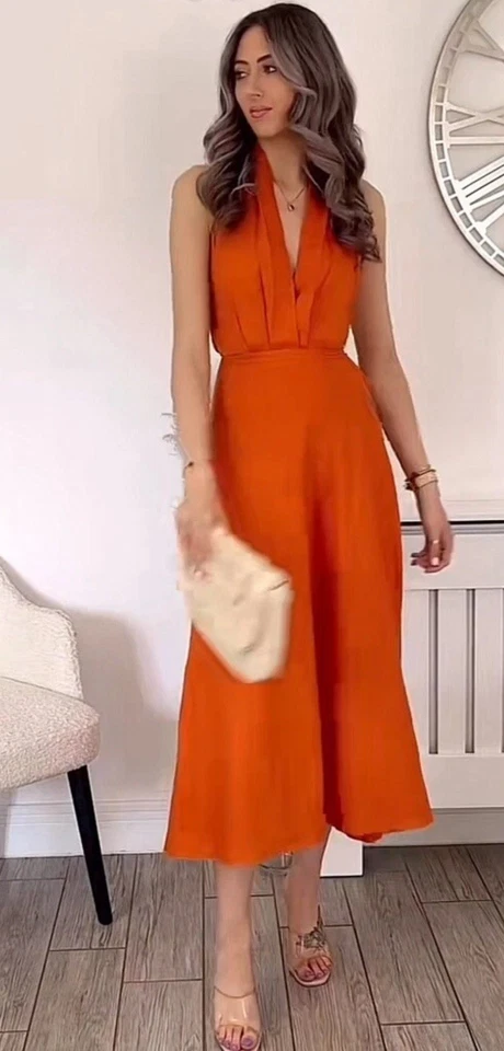 ZARA WOMAN SS23 LINEN BLEND MIDI DRESS DARK ORANGE 4786/293 Size M