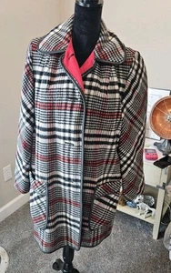 1960s Vintage Penguin Wool Houndstooth Coat Womens SZ L Black & White Red.  - Picture 1 of 15
