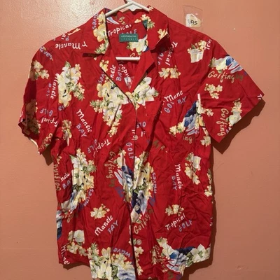 Camisa feminina Liz Claiborne Lizgolf com botões M média vermelha havaiana tropical - Imagem 1 de 4