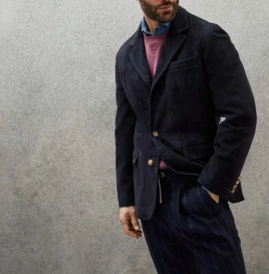 Navy Blue Leather Blazer Men Pure Suede Coat Jacket 3 Button Size S M L XL XXL - Image 1 of 4