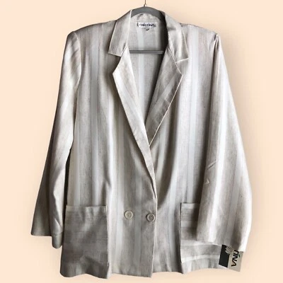 Vintage 80s Deadstock NWT Cristina Cream White Striped Knit Blazer Jacket Medium - Image 1 of 4