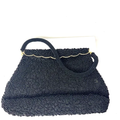 Vintage Hand Beaded Black Clutch Purse Hand Bag Handle British Hong Kong 50s - Image 1 of 4