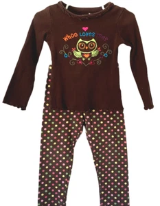 Gymboree Okie Dokie Pants Set Girls 2T/3T Brown Owl Shirt Brown Polka Dot Pants - Picture 1 of 6