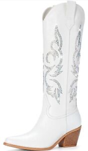 NWOT Tall White Super SPARKLY Rhinestone Cowgirl Boots Size 8 Comfortable