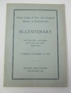 1931 Freimaurerei in PA Bi-Centenary Bankett Table Diagram, Menu & Program - Bild 1 von 4