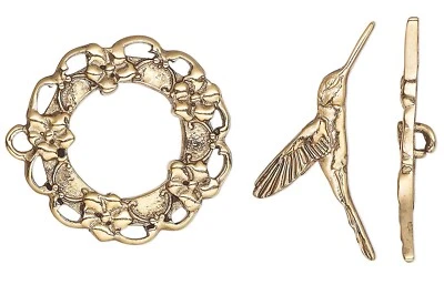 2 Sets Antiqued GoldPlated Brass 25mm Flower Wreath & Hummingbird Toggle Clasps* - Image 1 of 4