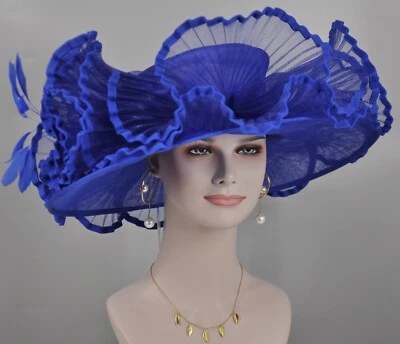 Royal Blue Kentucky Derby Church Wedding Easter Tea Party Wide Brim Sinamay Hat - Image 1 of 4
