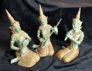 VTG Teppanom Kneeling Thai Sacred Musician Angels Set (3) Gilt Bronze Buddhist - Picture 1 of 19