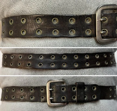 Cinturón vintage de cuero negro con ojal de doble punta talla 34 hebilla plateada enchapada en latón Foto 1 de 4