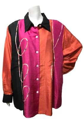 Koos of Course 2X Shirt Silk Tunic Colorblock Pink Orange Button Up 90s VTG EUC - Image 1 of 4