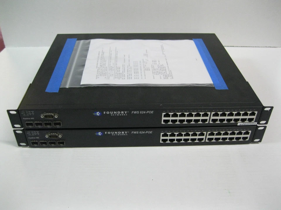 Foundry Lot of 2 FWS624-POE FastIron WS 20 10/100 Mbps PoE ports 4-RJ45/SFP 1-GE - Image 1 of 4