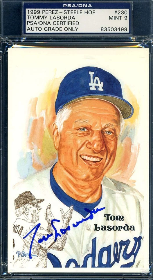 Tommy Lasorda PSA DNA Mint 9 Coa Signed Perez Steele Postcard Autograph - Image 1 of 1