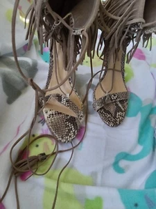 schutz Long Strippy Snake Skin Color Sandals Sz 10 W Hanging Tassels - Picture 1 of 9