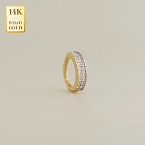14K Real Solid Gold Cubic Zirconia Clicker Ear Body Hoop Ring Piercing 16 Gauge - Picture 1 of 12