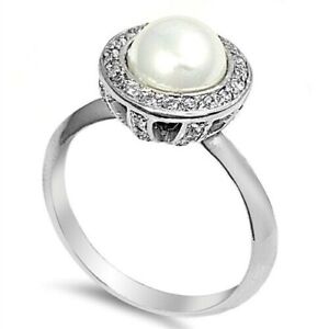 Round Pearl Ring Genuine Sterling Silver 925 Clear CZ Rhodium Plated Size 6