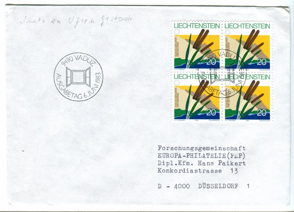 Liechtenstein 1983 Waterside Protection 20r Stamp Blk FDC. Vaduz First Day Cover — 第 1/1 张图片
