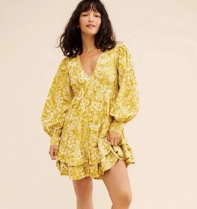 Anthropologie Maeve V-Neck Frill Puff Sleeve Mini Dress Yellow Floral Small NWT - Picture 1 of 15