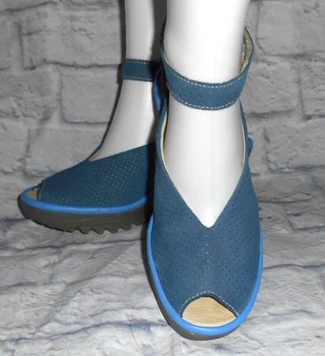 FLY LONDON Yala size 9.5 Euro 40 DENIM BLUE Leather perf peep toe comfort wedge - Image 1 of 4