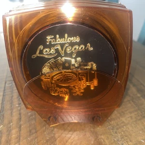 Vintage Fabulous Las Vegas Drink Coasters Amber Plastic Lucite Set Of 4 - Picture 1 of 9